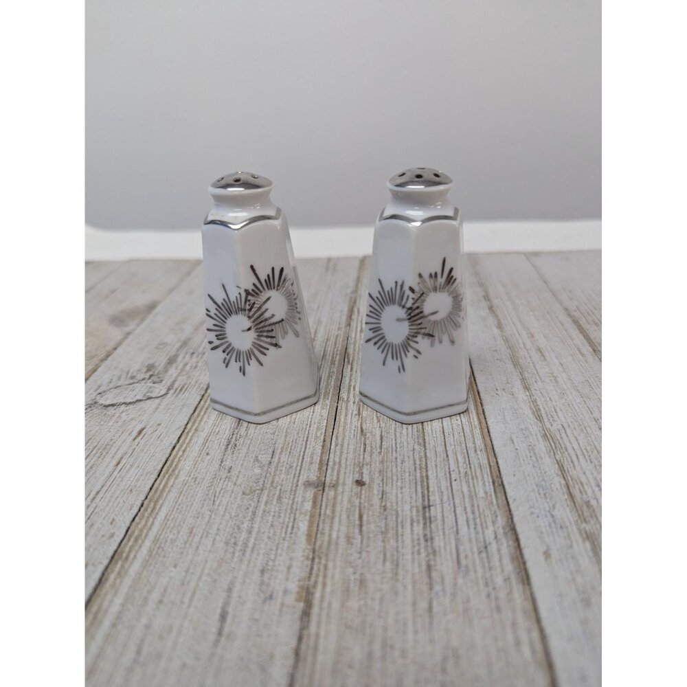 Vintage Kutani Salt and Pepper Shakers Set White & Silver Gray Bursts Japan